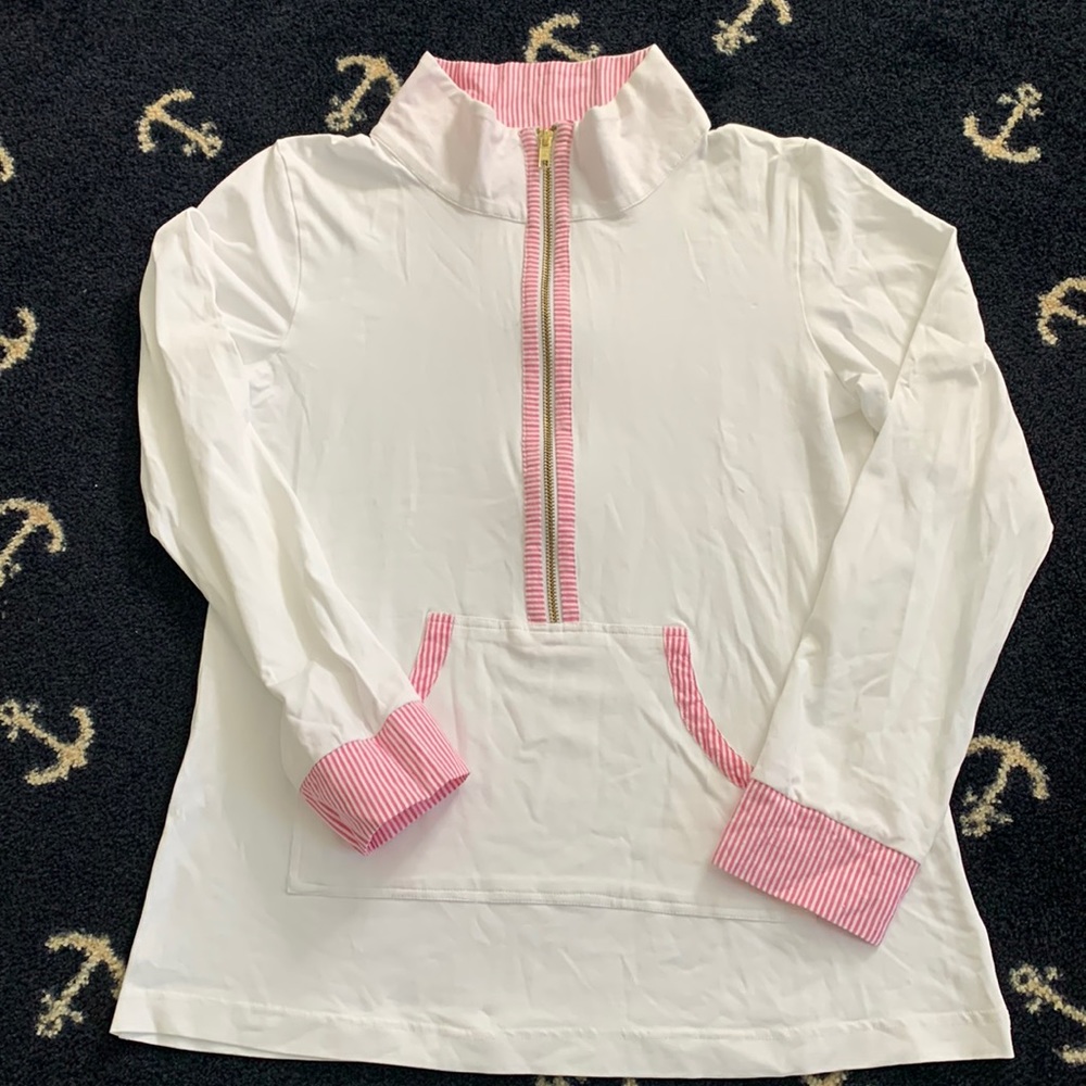 Duffield Lane pink seersucker popover